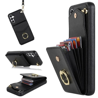 For Samsung Galaxy A54 5G Cover Accordion Card Bag Rotating Ring Kickstand PU+TPU Cell Phone Case