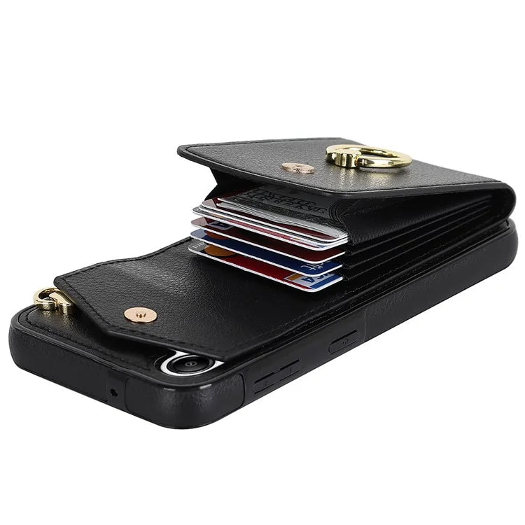 For Samsung Galaxy A54 5G Cover Accordion Card Bag Rotating Ring Kickstand PU+TPU Cell Phone Case