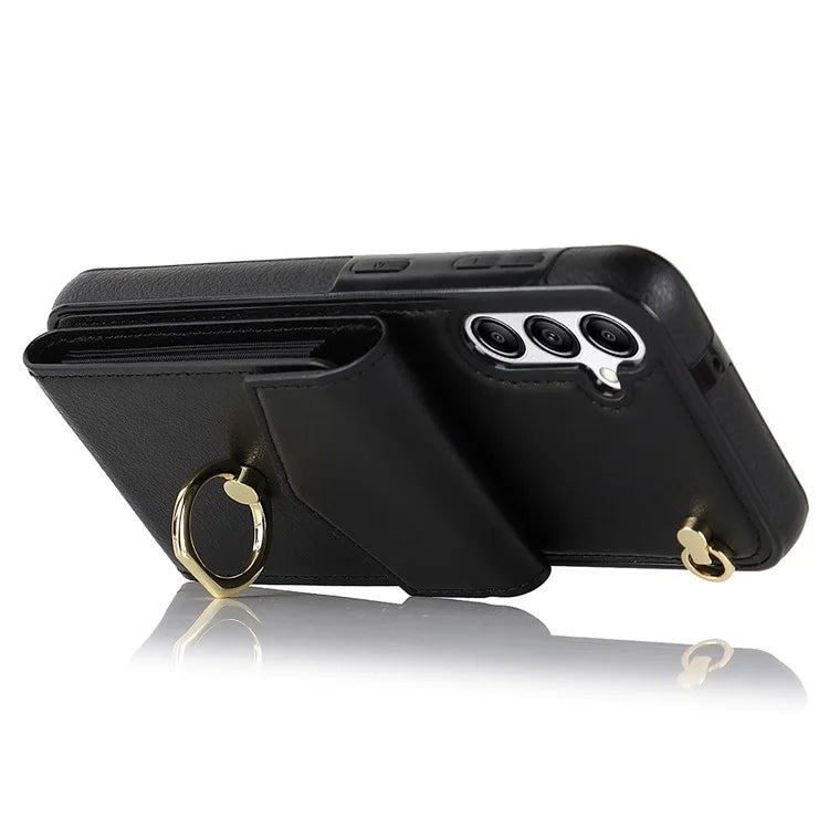For Samsung Galaxy A54 5G Cover Accordion Card Bag Rotating Ring Kickstand PU+TPU Cell Phone Case