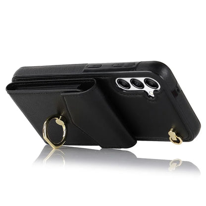 For Samsung Galaxy A54 5G Cover Accordion Card Bag Rotating Ring Kickstand PU+TPU Cell Phone Case
