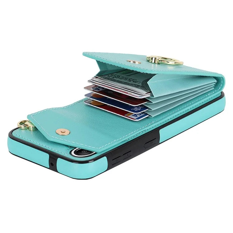 For Samsung Galaxy A54 5G Cover Accordion Card Bag Rotating Ring Kickstand PU+TPU Cell Phone Case