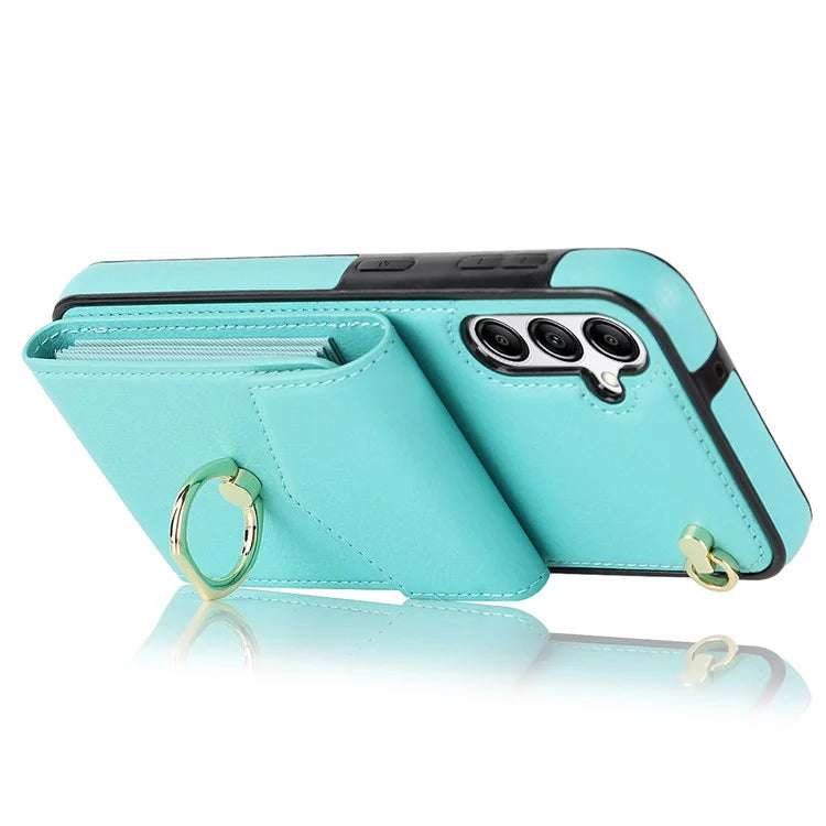 For Samsung Galaxy A54 5G Cover Accordion Card Bag Rotating Ring Kickstand PU+TPU Cell Phone Case