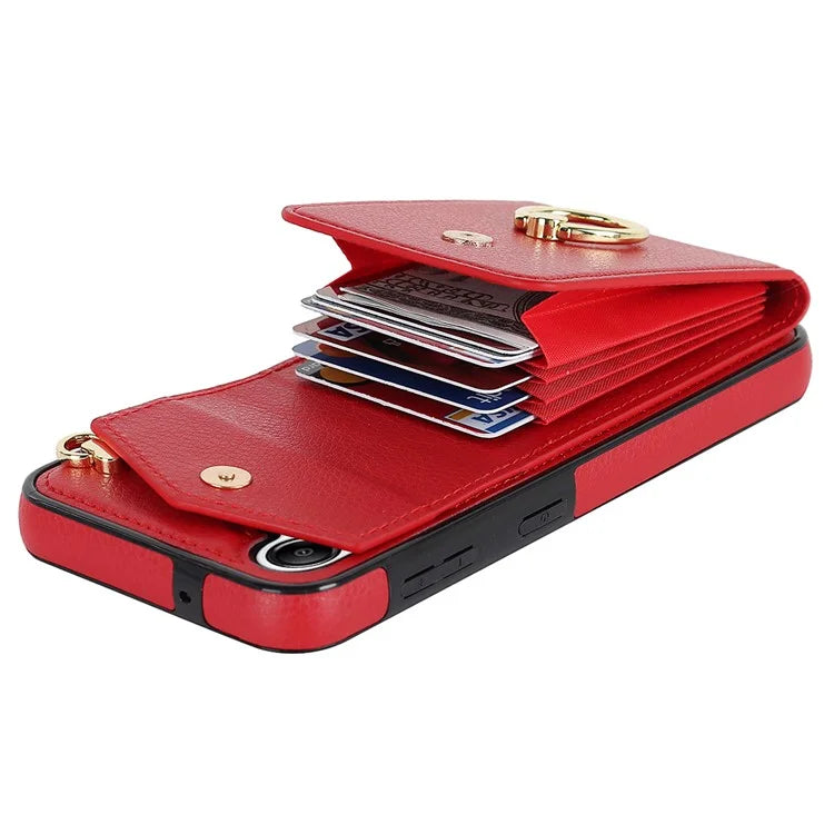 For Samsung Galaxy A54 5G Cover Accordion Card Bag Rotating Ring Kickstand PU+TPU Cell Phone Case