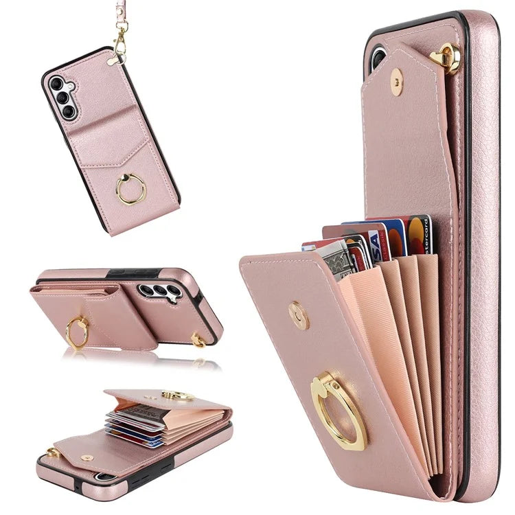 For Samsung Galaxy A54 5G Cover Accordion Card Bag Rotating Ring Kickstand PU+TPU Cell Phone Case