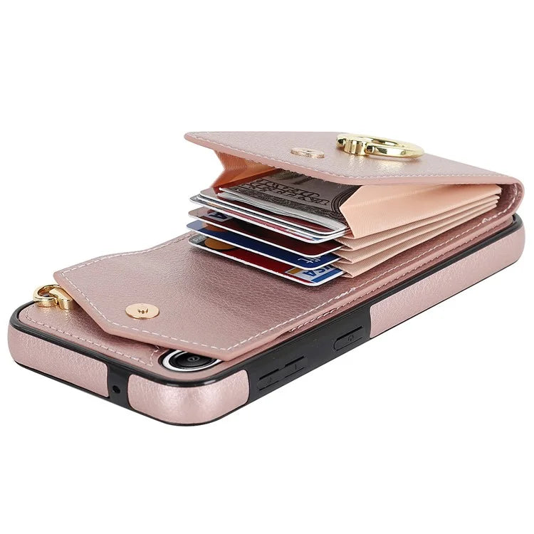 For Samsung Galaxy A54 5G Cover Accordion Card Bag Rotating Ring Kickstand PU+TPU Cell Phone Case