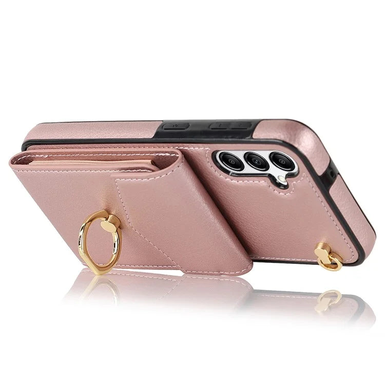 For Samsung Galaxy A54 5G Cover Accordion Card Bag Rotating Ring Kickstand PU+TPU Cell Phone Case