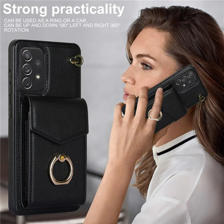 For Samsung Galaxy A52 4G / A52s 5G / A52 5G Cell Phone Case Leather+TPU Ring Kickstand Cover with Card Bag