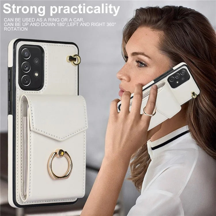 For Samsung Galaxy A52 4G / A52s 5G / A52 5G Cell Phone Case Leather+TPU Ring Kickstand Cover with Card Bag