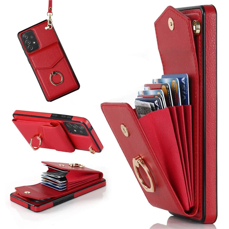 For Samsung Galaxy A52 4G / A52s 5G / A52 5G Cell Phone Case Leather+TPU Ring Kickstand Cover with Card Bag