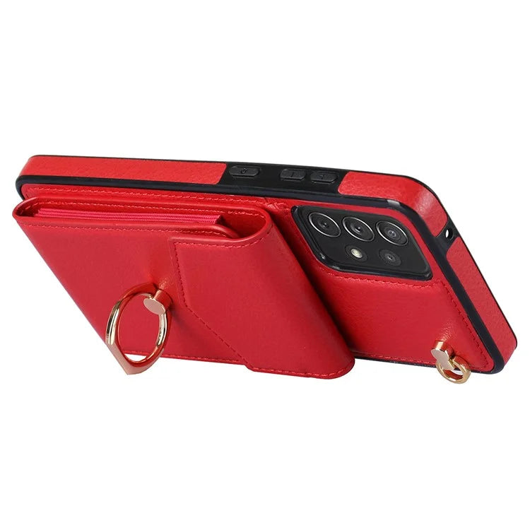 For Samsung Galaxy A52 4G / A52s 5G / A52 5G Cell Phone Case Leather+TPU Ring Kickstand Cover with Card Bag