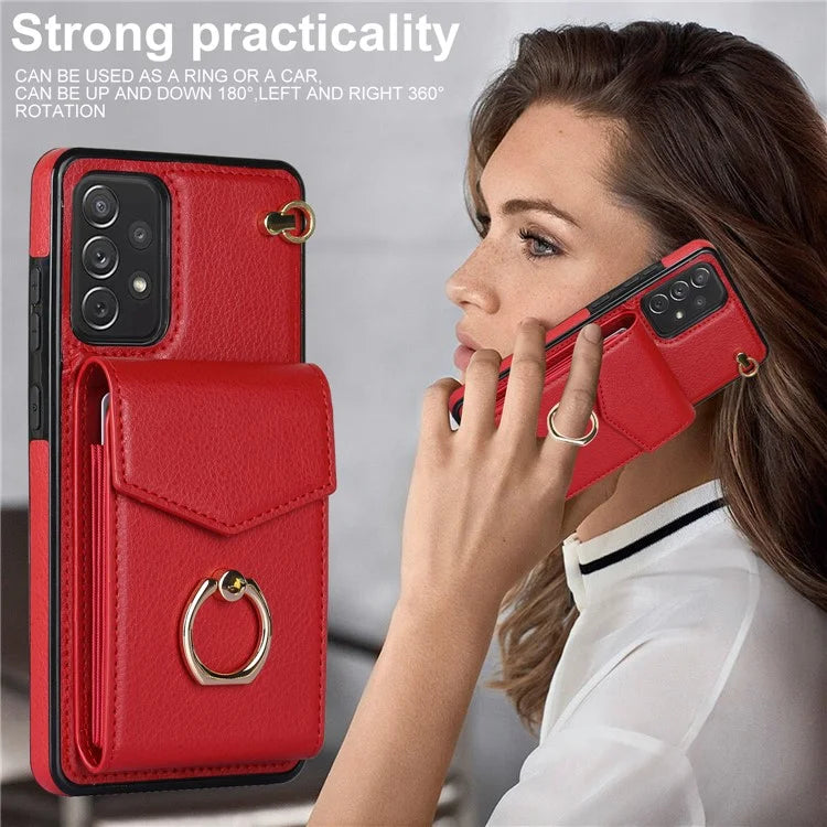 For Samsung Galaxy A52 4G / A52s 5G / A52 5G Cell Phone Case Leather+TPU Ring Kickstand Cover with Card Bag