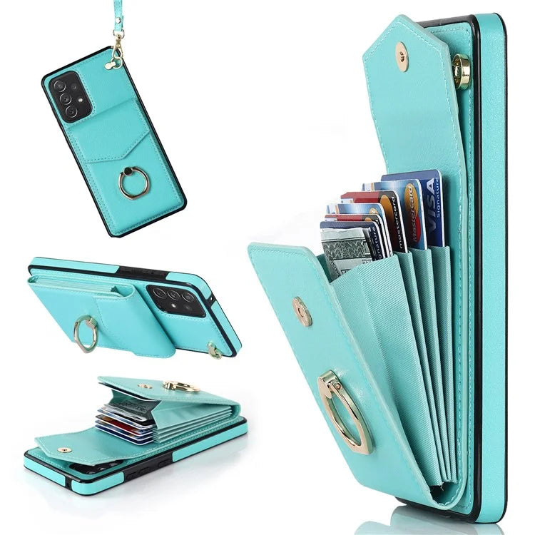 For Samsung Galaxy A52 4G / A52s 5G / A52 5G Cell Phone Case Leather+TPU Ring Kickstand Cover with Card Bag
