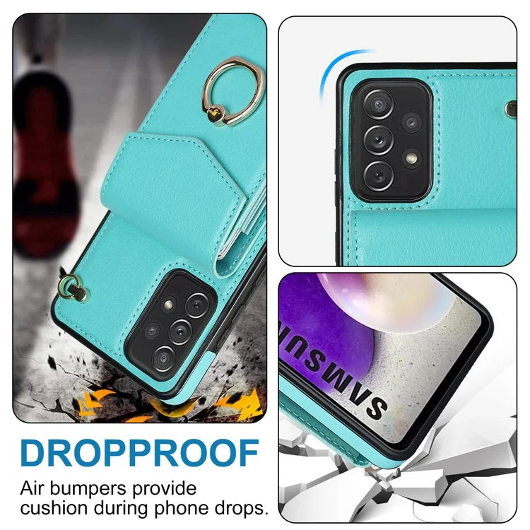 For Samsung Galaxy A52 4G / A52s 5G / A52 5G Cell Phone Case Leather+TPU Ring Kickstand Cover with Card Bag