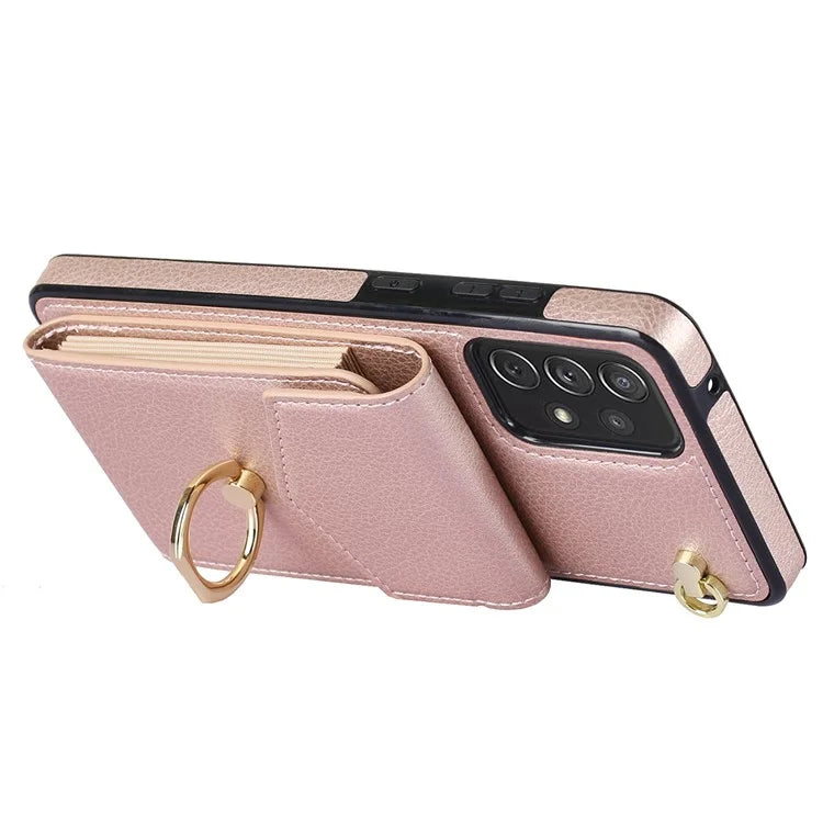 For Samsung Galaxy A52 4G / A52s 5G / A52 5G Cell Phone Case Leather+TPU Ring Kickstand Cover with Card Bag