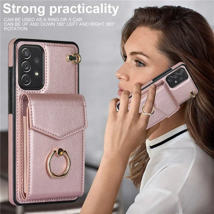 For Samsung Galaxy A52 4G / A52s 5G / A52 5G Cell Phone Case Leather+TPU Ring Kickstand Cover with Card Bag