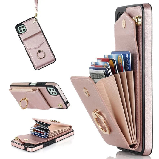 For Samsung Galaxy A22 5G (EU Version) Cover Accordion Card Bag Leather+TPU Anti-shock Cell Phone Case