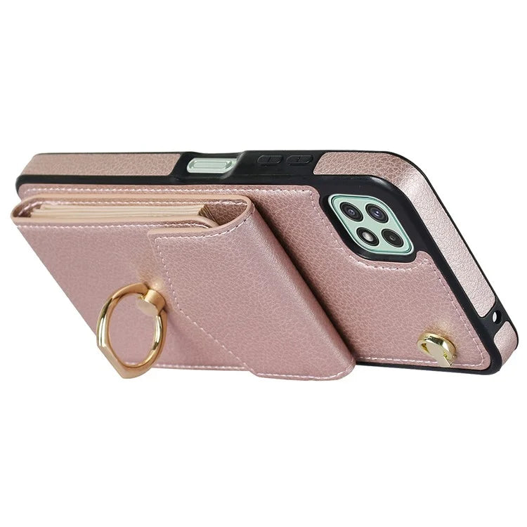 For Samsung Galaxy A22 5G (EU Version) Cover Accordion Card Bag Leather+TPU Anti-shock Cell Phone Case