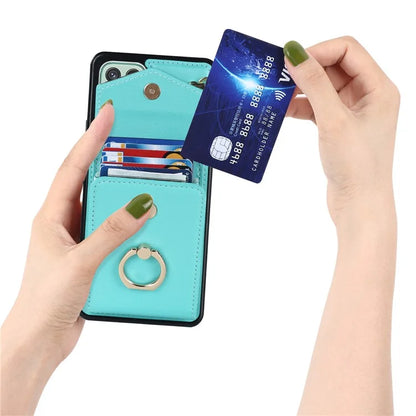 For Samsung Galaxy A22 5G (EU Version) Cover Accordion Card Bag Leather+TPU Anti-shock Cell Phone Case