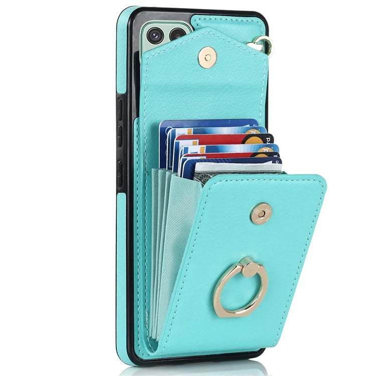 For Samsung Galaxy A22 5G (EU Version) Cover Accordion Card Bag Leather+TPU Anti-shock Cell Phone Case