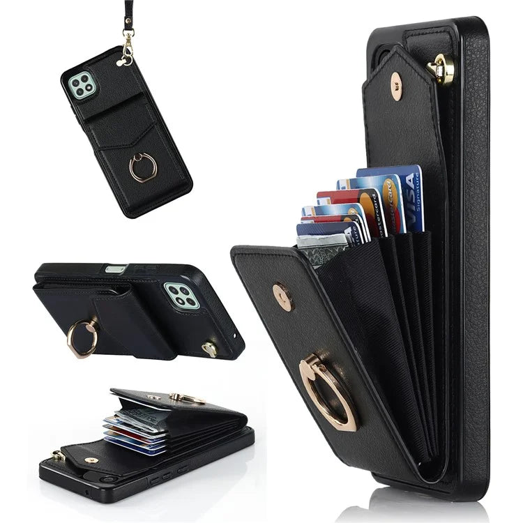 For Samsung Galaxy A22 5G (EU Version) Cover Accordion Card Bag Leather+TPU Anti-shock Cell Phone Case