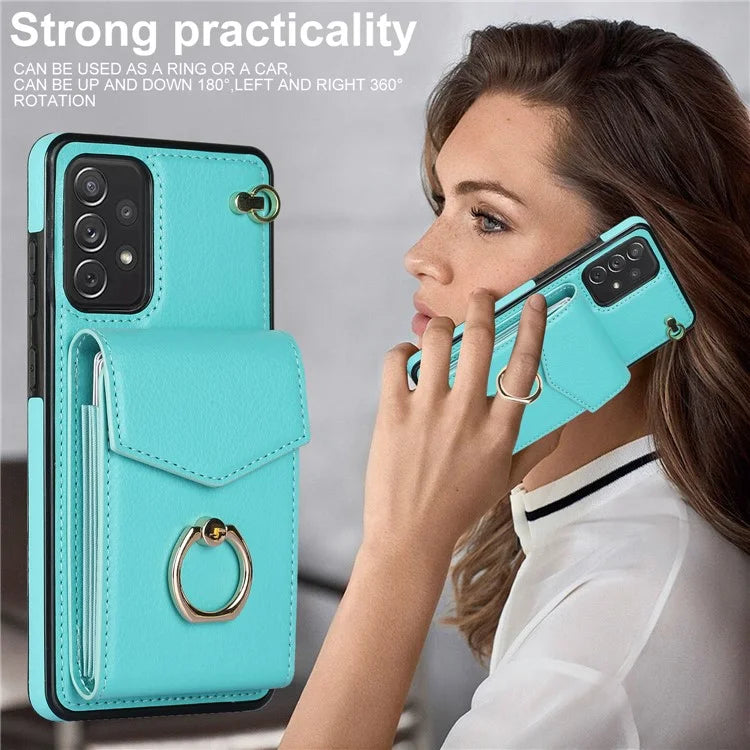 For Samsung Galaxy A72 4G / A72 5G Cover Accordion Card Bag Cell Phone Case with Ring Kickstand