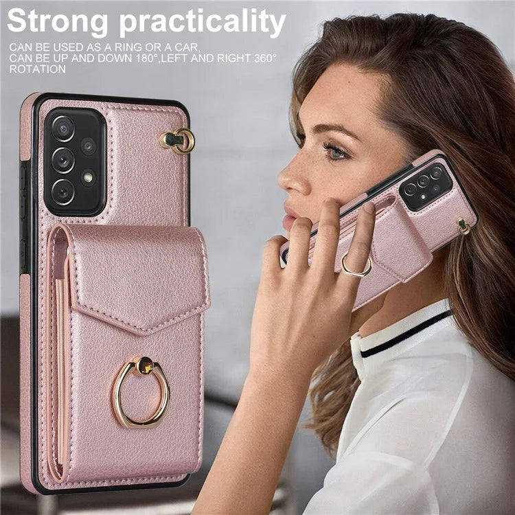 For Samsung Galaxy A72 4G / A72 5G Cover Accordion Card Bag Cell Phone Case with Ring Kickstand
