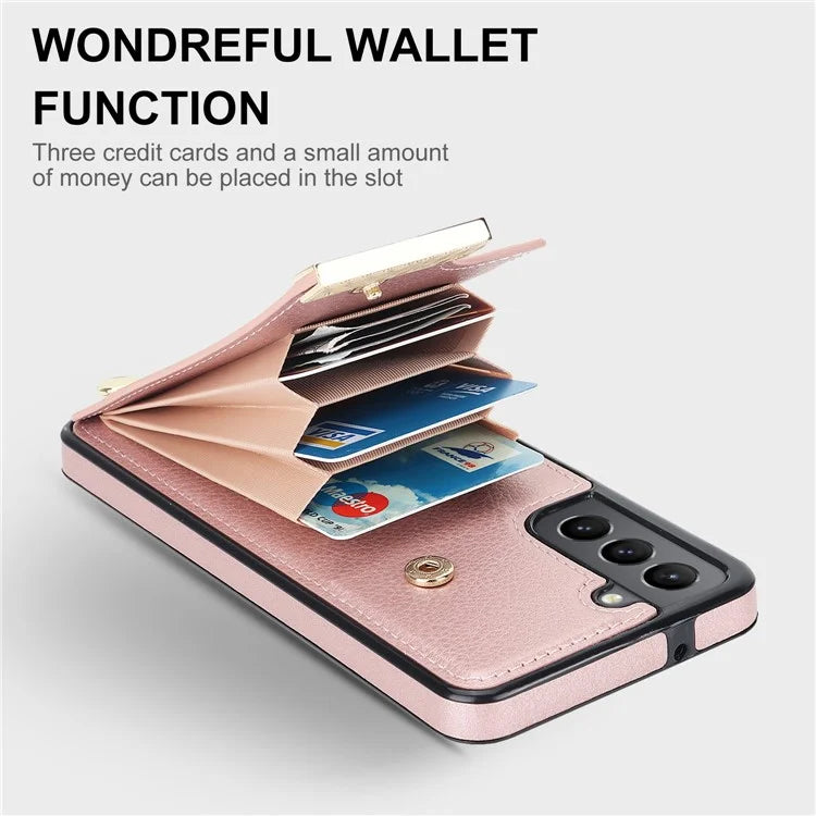 For Samsung Galaxy S21 FE 5G Cell Phone Case Drop-proof Card Holder Cover with Hardware Decor