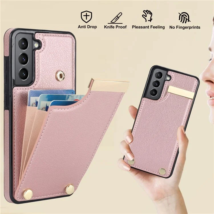 For Samsung Galaxy S21 FE 5G Cell Phone Case Drop-proof Card Holder Cover with Hardware Decor