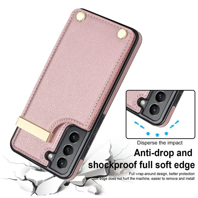 For Samsung Galaxy S21 FE 5G Cell Phone Case Drop-proof Card Holder Cover with Hardware Decor