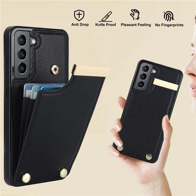 For Samsung Galaxy S21 FE 5G Cell Phone Case Drop-proof Card Holder Cover with Hardware Decor