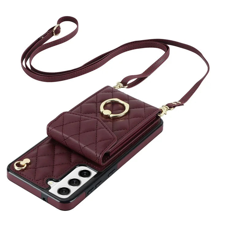 For Samsung Galaxy S22 5G Cell Phone Case Ring Kickstand Card Bag Leather+TPU Cover with 2 Straps