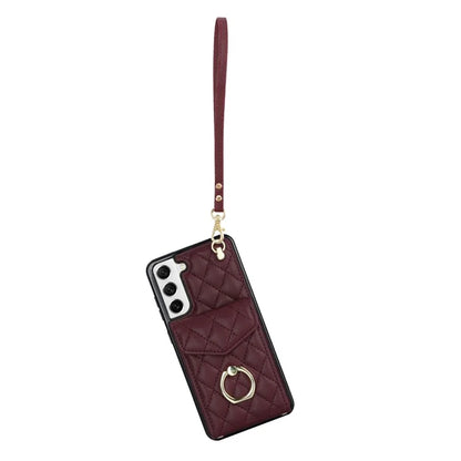 For Samsung Galaxy S22 5G Cell Phone Case Ring Kickstand Card Bag Leather+TPU Cover with 2 Straps