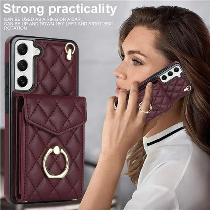 For Samsung Galaxy S22 5G Cell Phone Case Ring Kickstand Card Bag Leather+TPU Cover with 2 Straps