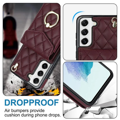 For Samsung Galaxy S22 5G Cell Phone Case Ring Kickstand Card Bag Leather+TPU Cover with 2 Straps
