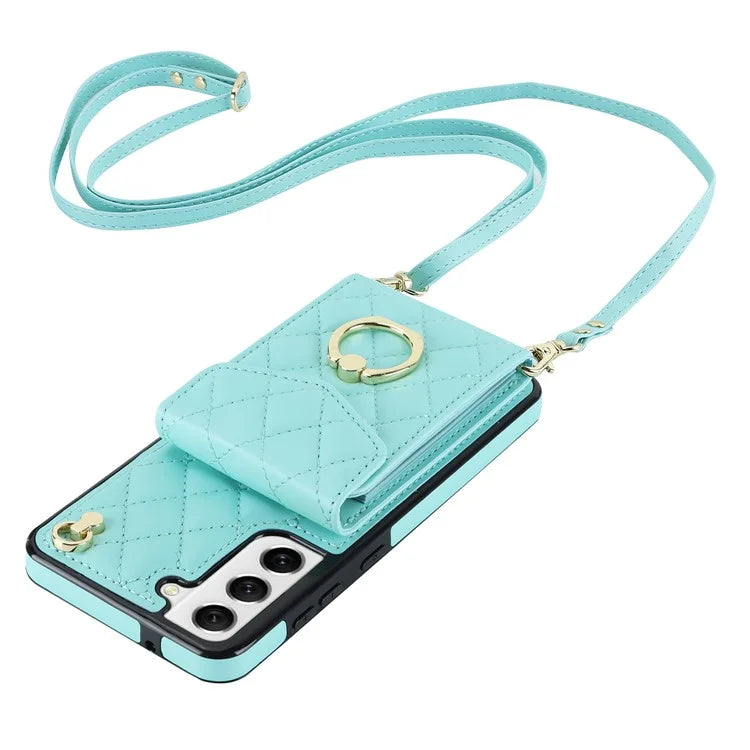 For Samsung Galaxy S22 5G Cell Phone Case Ring Kickstand Card Bag Leather+TPU Cover with 2 Straps