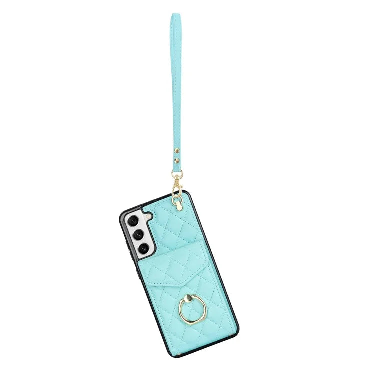 For Samsung Galaxy S22 5G Cell Phone Case Ring Kickstand Card Bag Leather+TPU Cover with 2 Straps
