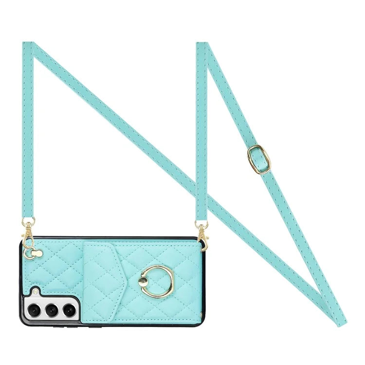 For Samsung Galaxy S22 5G Cell Phone Case Ring Kickstand Card Bag Leather+TPU Cover with 2 Straps
