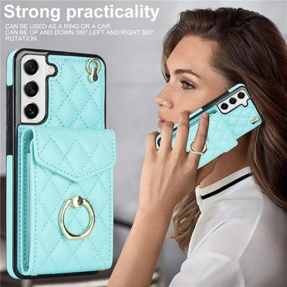 For Samsung Galaxy S22 5G Cell Phone Case Ring Kickstand Card Bag Leather+TPU Cover with 2 Straps