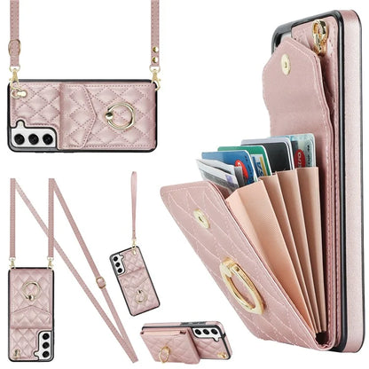 For Samsung Galaxy S22 5G Cell Phone Case Ring Kickstand Card Bag Leather+TPU Cover with 2 Straps