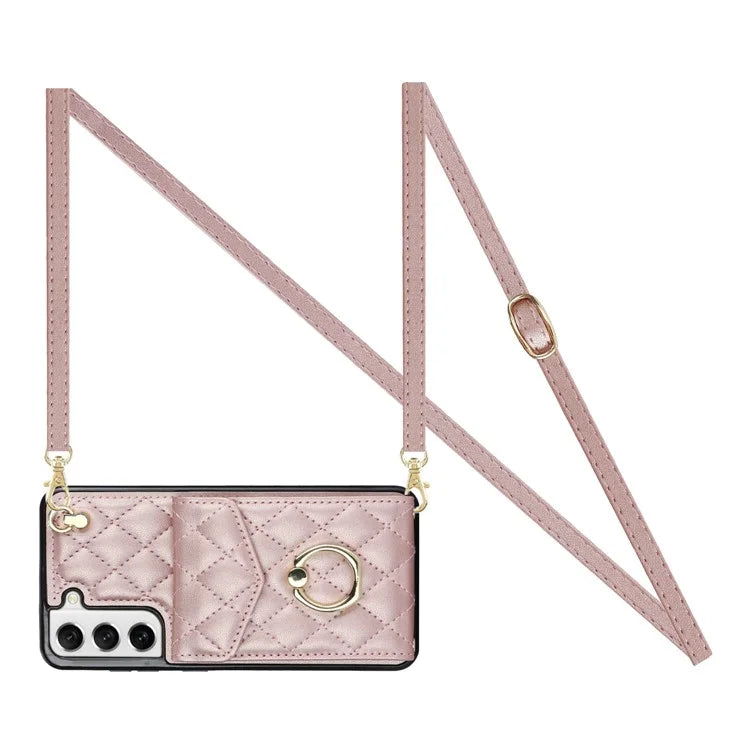 For Samsung Galaxy S22 5G Cell Phone Case Ring Kickstand Card Bag Leather+TPU Cover with 2 Straps