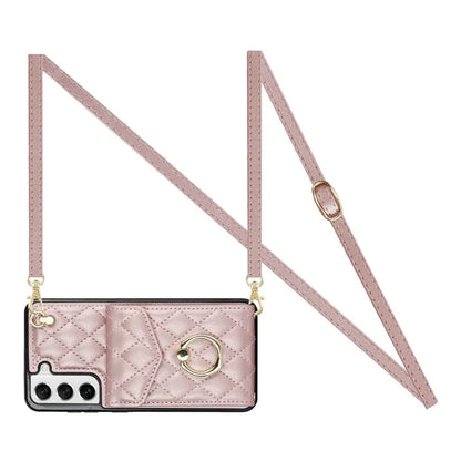 For Samsung Galaxy S22 5G Cell Phone Case Ring Kickstand Card Bag Leather+TPU Cover with 2 Straps