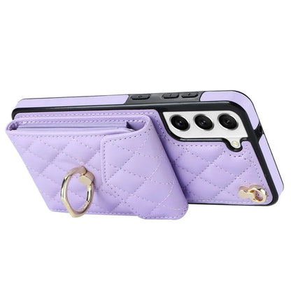 For Samsung Galaxy S22 5G Cell Phone Case Ring Kickstand Card Bag Leather+TPU Cover with 2 Straps