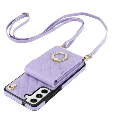 For Samsung Galaxy S22 5G Cell Phone Case Ring Kickstand Card Bag Leather+TPU Cover with 2 Straps