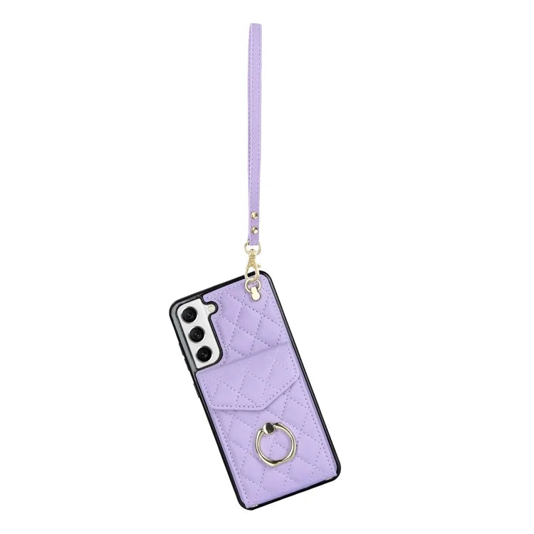 For Samsung Galaxy S22 5G Cell Phone Case Ring Kickstand Card Bag Leather+TPU Cover with 2 Straps