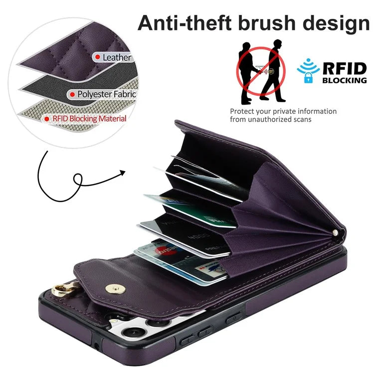 For Samsung Galaxy S22 5G Cell Phone Case Ring Kickstand Card Bag Leather+TPU Cover with 2 Straps