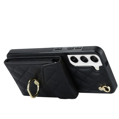 For Samsung Galaxy S22 5G Cell Phone Case Ring Kickstand Card Bag Leather+TPU Cover with 2 Straps