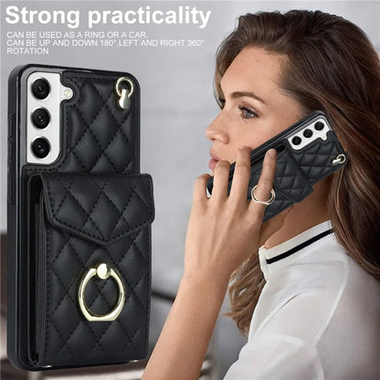 For Samsung Galaxy S22 5G Cell Phone Case Ring Kickstand Card Bag Leather+TPU Cover with 2 Straps