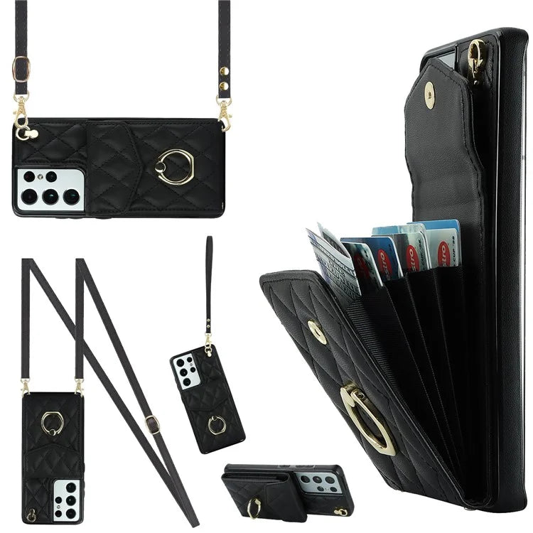 For Samsung Galaxy S21 Ultra 5G Case Card Bag Leather+TPU Crossbody Cover with Ring Kickstand