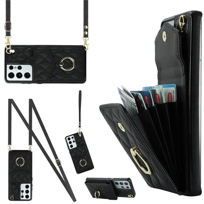 For Samsung Galaxy S21 Ultra 5G Case Card Bag Leather+TPU Crossbody Cover with Ring Kickstand