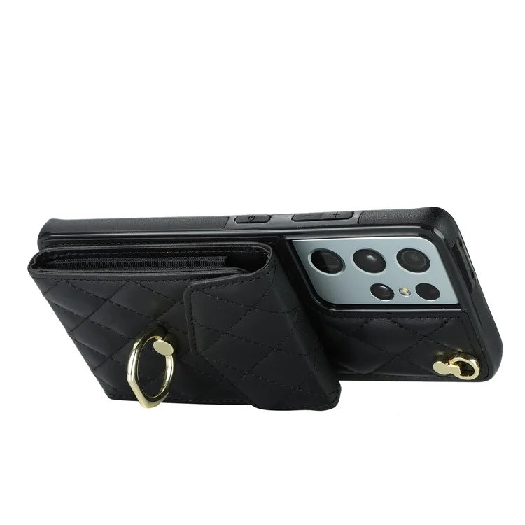 For Samsung Galaxy S21 Ultra 5G Case Card Bag Leather+TPU Crossbody Cover with Ring Kickstand